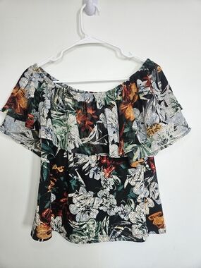 Laura Floral Off the Shoulder Blouse Medium M Ruffle Neckline Tropical Summer